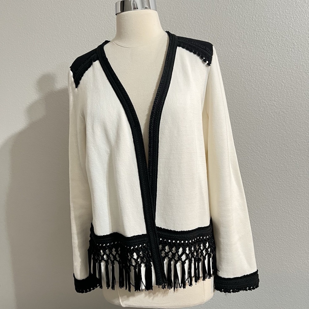 Chico's Alma Lace Cardigan‎ Fringe Open Front Size M Black & White Cream
